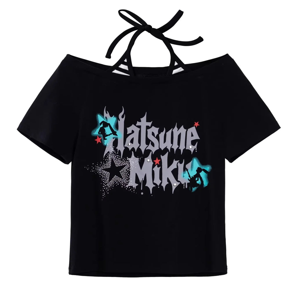 Hatsune Miku - Hatsune Miku The Rock Music Series Off-the-Shoulder T-shirt Moeyu